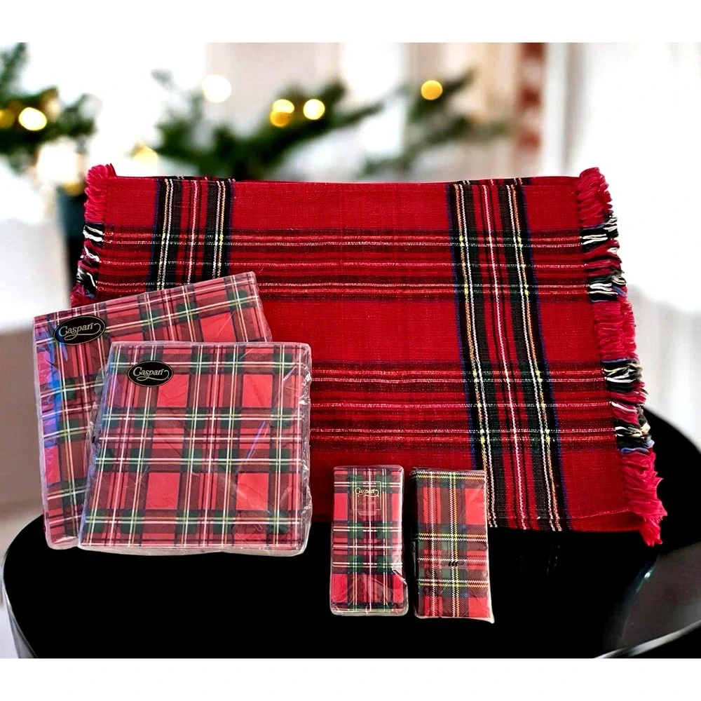Red Plaid Christmas Paper Napkins CASPARI -5 Red Plaid Christmas Woven Placemats - Picture 1 of 9